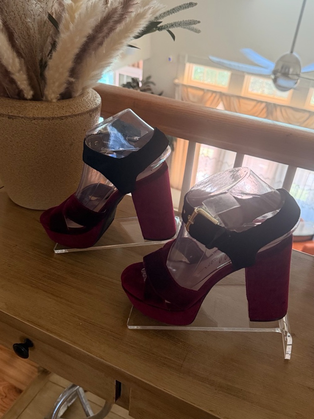 Libby. edelman Burgundy and Black Velvet Platform Block Heel Sandals - Picture 4 of 16